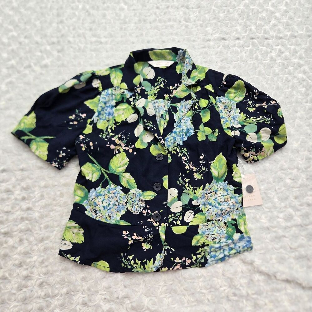 LC Lauren Conrad Blouse Womens XS Floral Short Sleeve Puff NWT Peplum